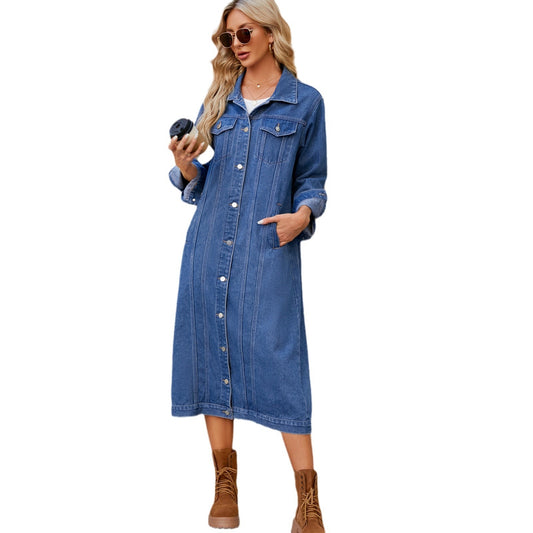Women's Washed Cardigan Long Denim Jacket Windbreaker