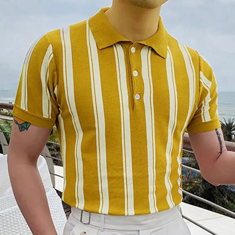 Men's Slim Fit Striped Knit Polo Shirt, Short Sleeve Douson Odeh