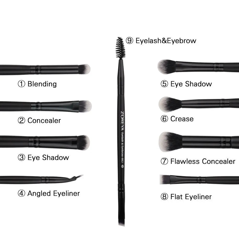 Black-handled ZOREYA eye and concealer brushes with labeled brush shapes and a central eyebrow spoolie.