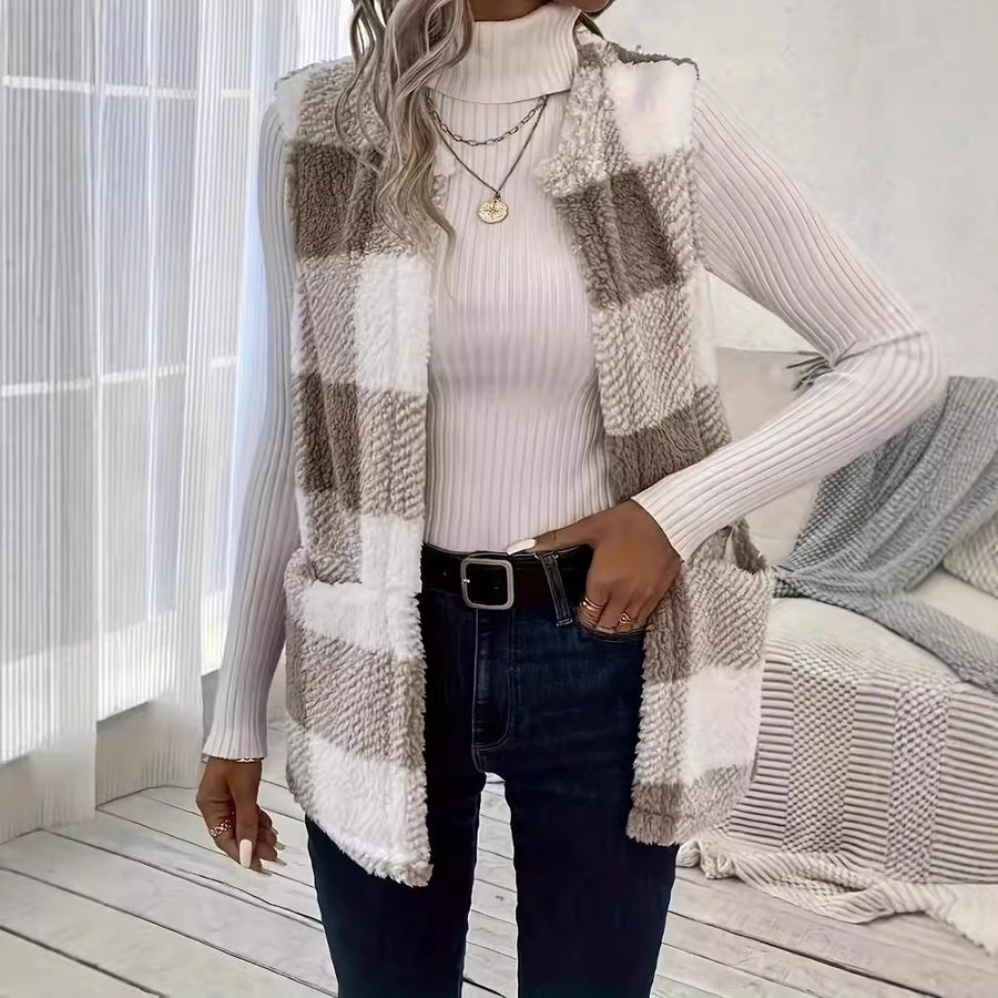 Fashion Casual Pocket Plush Plaid Vest Top
