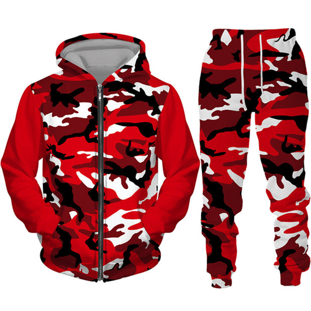Men's Camouflage Print Zipper Hoodie Pants Set