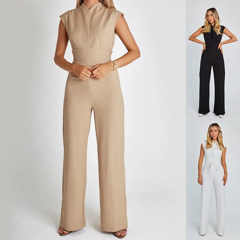 Fashion Elegant Long Sleeveless Jumpsuit Summer V-neck Casual Wide Leg Long Overalls Clothing For Women Douson Odeh