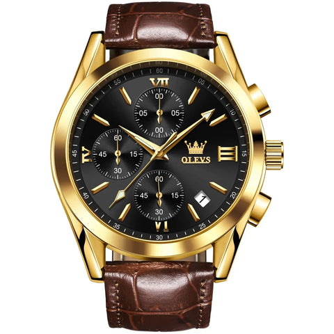 OLEVS Men Watch Brown Leather Gold Case Analog Quartz Fashion Business Dress Gifts Large Face Watches for Men Easy Read Sport Luminous Waterproof Casual Male Wrist Watch Black Dial Reloj para Hombre Douson Odeh