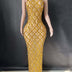 Shimmering Rhinestone High-neck Sleeveless Sexy Mesh Sheer Plaid Evening Gown