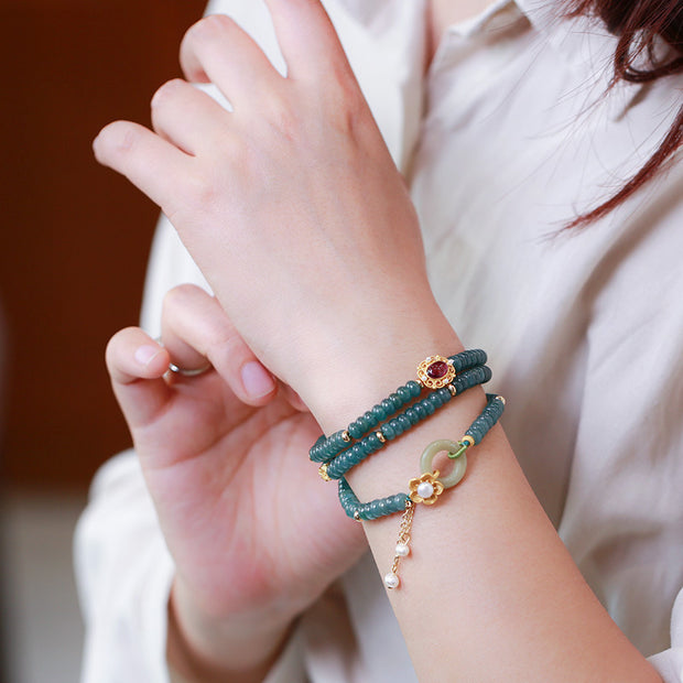 Blue Water Jade Abacus Beads Three Rings Tourmaline Pearl Bracelet