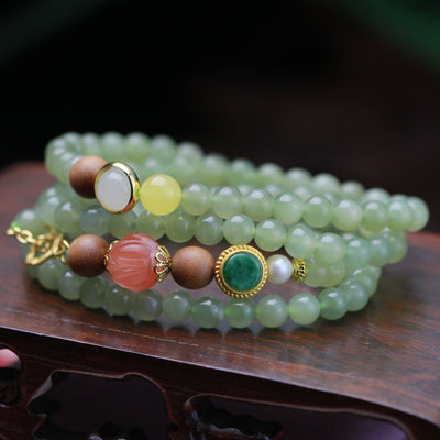 Natural Hetian Jade Hand Red Lotus Beads White Sandalwood Beeswax Necklace