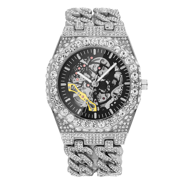 Full Diamond Hip Hop Cuban Link Chain Stitching Hollow Automatic Mechanical Watch