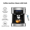 All-in-one espresso machine with milk frother, 15 bar pressure, 1000ml capacity, and steamed milk foam feature.