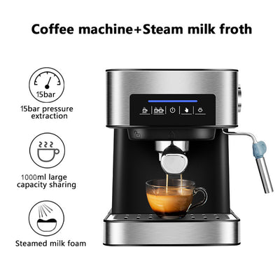 All-in-one espresso machine with milk frother, 15 bar pressure, 1000ml capacity, and steamed milk foam feature.