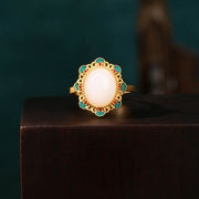 Ancient Gilding Craft Enamel Painted Flower Jade Ring