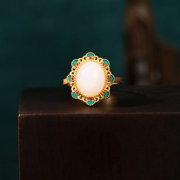 Ancient Gilding Craft Enamel Painted Flower Jade Ring
