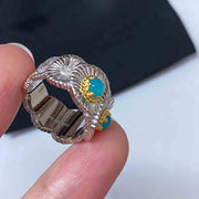 Women's Fashion Copper Plating Thick Golden Yellow Blue Agate Opal Wide Ring