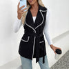 Casual Simple Lace Cardigan Lapel Contrast Color Trim Vest Coat Women