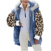 Long-sleeve Zipper Leopard Splicing Hooded Plush Coat For Women