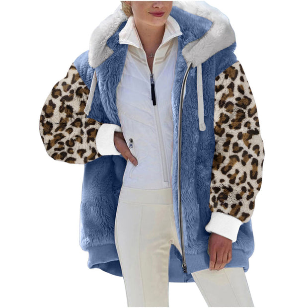 Long-sleeve Zipper Leopard Splicing Hooded Plush Coat For Women