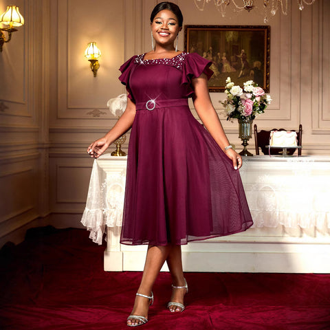 Butterfly Sleeve Mesh Ruffle Dress – Elegant Party & Wedding Guest