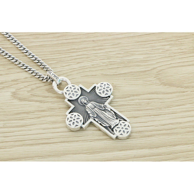 Sterling Silver Cherry Blossom Necklace Men's And Women's Vintage Cross Pendant
