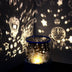 Colorful star projector lamp casting star and character patterns on walls, creating a magical night sky effect.