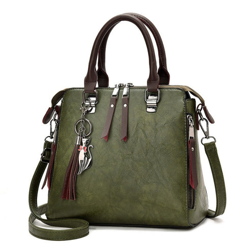 Superior Leather Tassel Cat Pendant Handbag