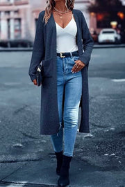Knitted Pocket Cardigan Long Slit Loose Coat Sweater