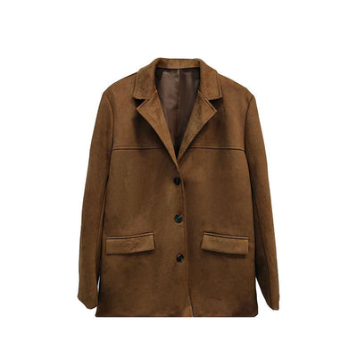 Elegance Retro Brown Loose Pockets Long Sleeve Suit Coat