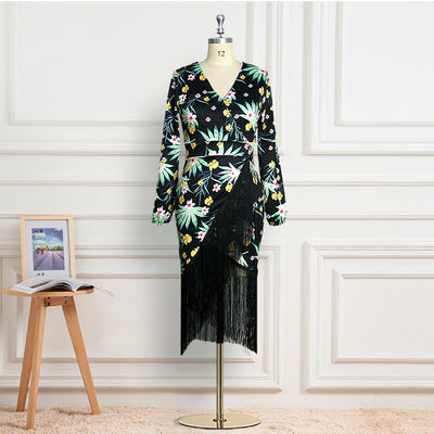 Puff sleeve printed fringed dress