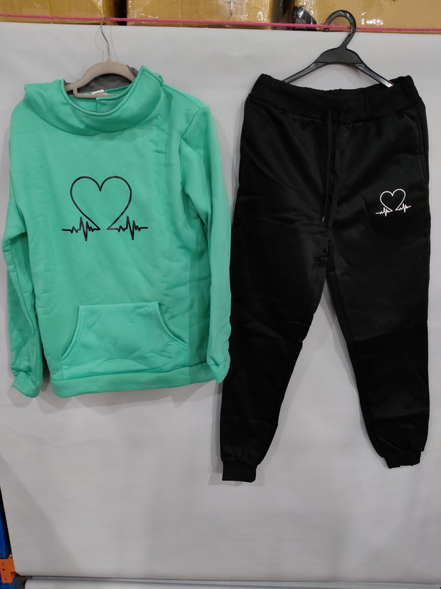 Love Heart Printed Sports Suit Hooded Sweatshirt Top And Drawstring Pants Fashion Casual Clothing For Women