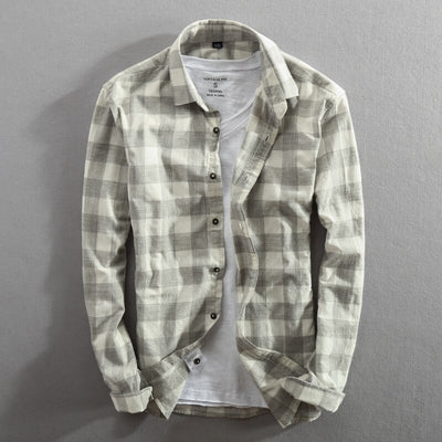 New Men's Shirt Cotton Washed Long-Sleeved Lapel Plaid Shirt Cotton Shirt Men