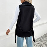 Casual Simple Lace Cardigan Lapel Contrast Color Trim Vest Coat Women Douson Odeh
