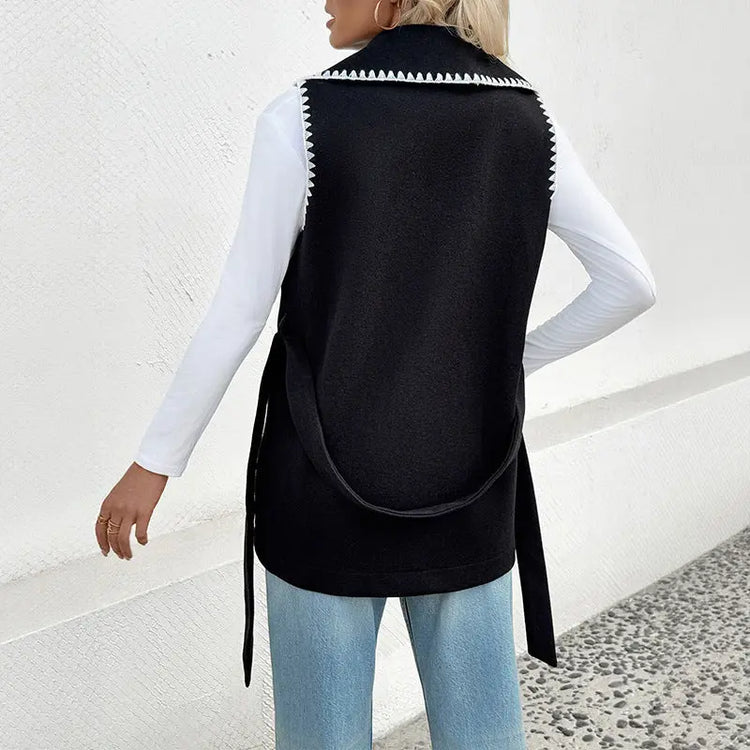Casual Simple Lace Cardigan Lapel Contrast Color Trim Vest Coat Women Douson Odeh