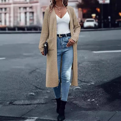 Knitted Pocket Cardigan Long Slit Loose Coat Sweater