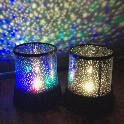 Colorful star projector lamp creating a dazzling display of stars on walls and ceilings.