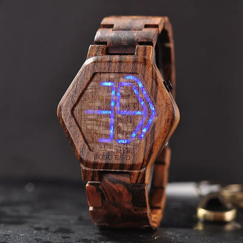 LED Display Wooden Watch Men Wristwatches Wood Night Vision Douson Odeh