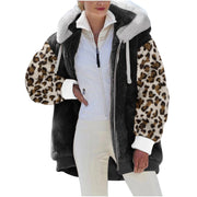 Long-sleeve Zipper Leopard Splicing Hooded Plush Coat For Women