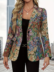 Women's Floral Print Blazer Jacket - Elegant Loose Fit Mid-Length Long Sleeve Single-Button Closure