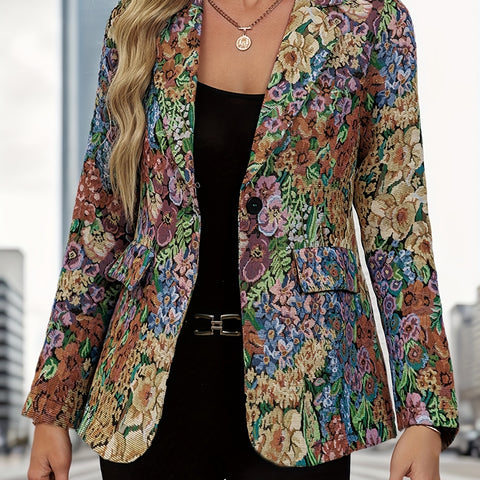 Women's Floral Print Blazer Jacket - Elegant Loose Fit Mid-Length Long Sleeve Single-Button Closure