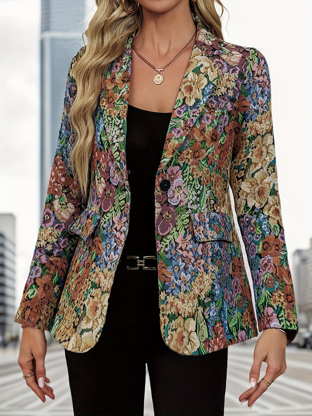 Women's Floral Print Blazer Jacket - Elegant Loose Fit Mid-Length Long Sleeve Single-Button Closure