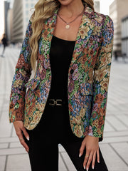 Women's Floral Print Blazer Jacket - Elegant Loose Fit Mid-Length Long Sleeve Single-Button Closure