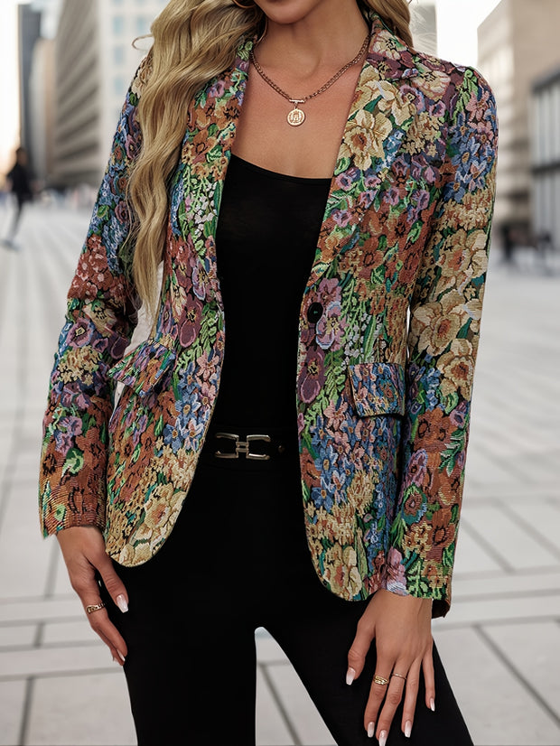 Women's Floral Print Blazer Jacket - Elegant Loose Fit Mid-Length Long Sleeve Single-Button Closure