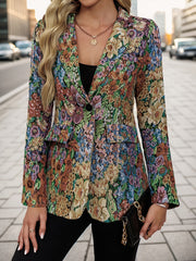 Women's Floral Print Blazer Jacket - Elegant Loose Fit Mid-Length Long Sleeve Single-Button Closure