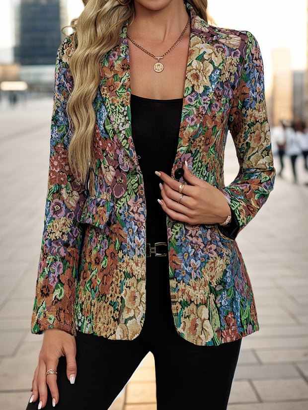 Women's Floral Print Blazer Jacket - Elegant Loose Fit Mid-Length Long Sleeve Single-Button Closure