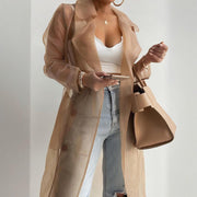 Women's Solid Color Half Sheer Long Sleeve Cardigan With Buttons & Belt - Lightweight Cover-Up For Summer