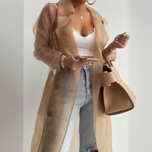 Women's Solid Color Half Sheer Long Sleeve Cardigan With Buttons & Belt - Lightweight Cover-Up For Summer