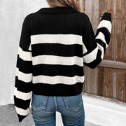 Women's Long Sleeve Polo Collar Stripes Sweater