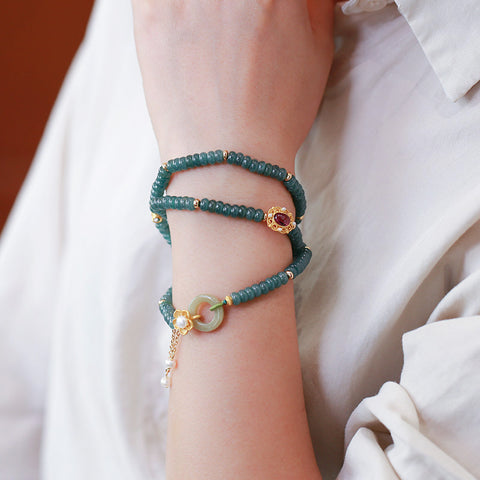 Blue Water Jade Abacus Beads Three Rings Tourmaline Pearl Bracelet