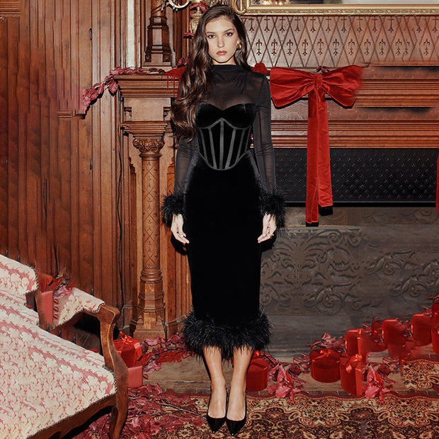 Autumn Dress Style Fashion Furry Waist Mesh Stitchin