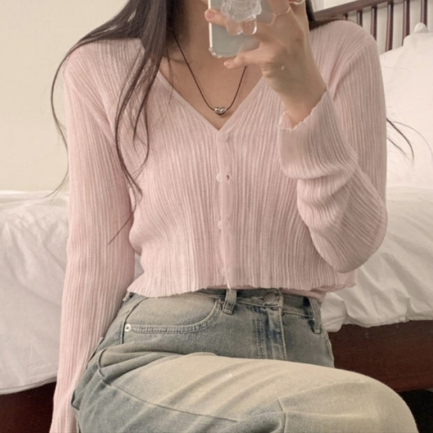 Solid Color Long Sleeve Buckle Sun Protection Cardigan Sweater