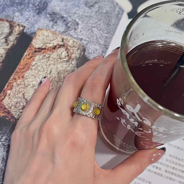 Women's Fashion Copper Plating Thick Golden Yellow Blue Agate Opal Wide Ring