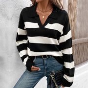 Women's Long Sleeve Polo Collar Stripes Sweater
