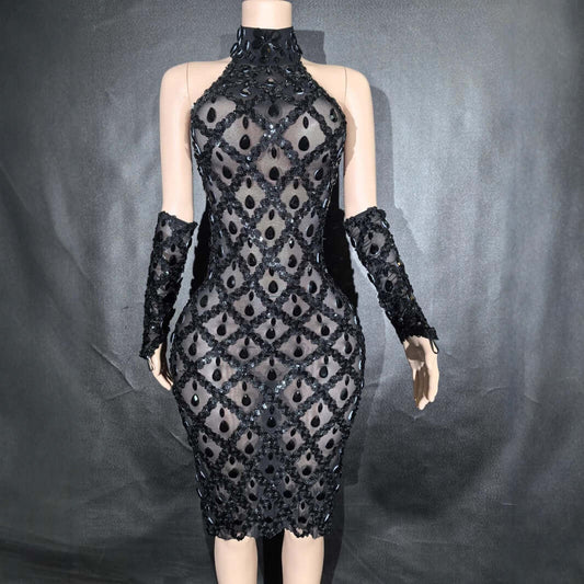 Shimmering Rhinestone High-neck Sleeveless Sexy Mesh Sheer Plaid Evening Gown